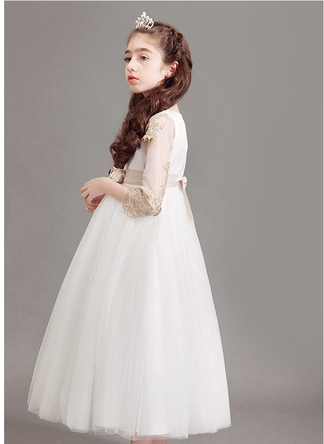Robe De Fête D'anniversaire Pour Enfant, Bleu Clair, à Manches Longues Et Longueur Midi ACH020 – Image 5