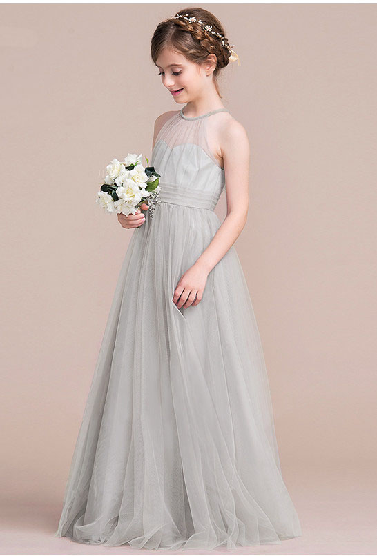 Robe De Demoiselle D'honneur Junior Gris Perle En Tulle, Coupe Trapèze, Dos Nu Et Longueur Ras Du Sol ACH052 – Image 4