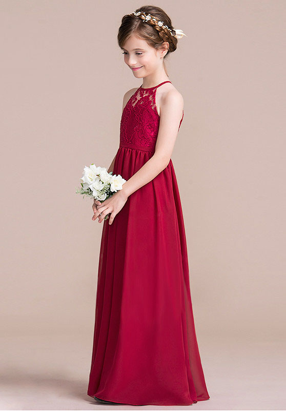 Robe De Demoiselle D'honneur Junior Bordeaux En Mousseline, Coupe Trapèze Et Dos Nu ACH055 – Image 4