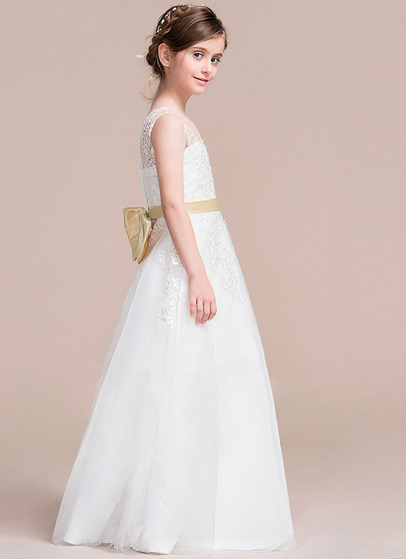Robe De Bal Pour Enfant En Tulle Et Dentelle Blanche, Avec Rubans ACH061 – Image 4