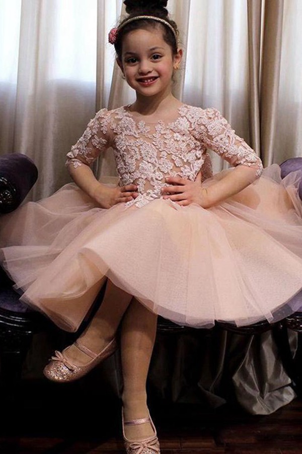 Robe De Fête Pour Enfant Rose En Tulle Et Dentelle, à Manches Longues ACH071