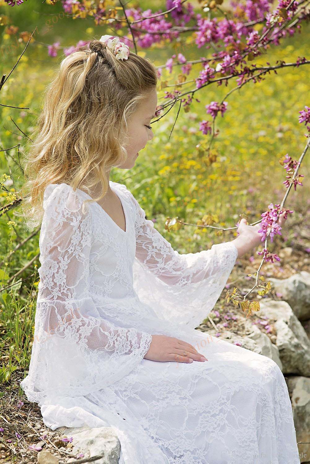 Robe De Fête Blanche En Dentelle à Manches Longues Pour Enfant ACH073 – Image 4