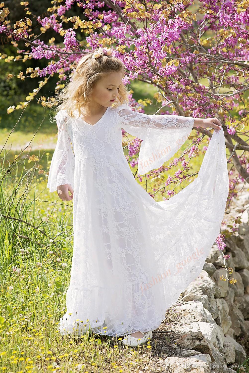 Robe De Fête Blanche En Dentelle à Manches Longues Pour Enfant ACH073 – Image 5