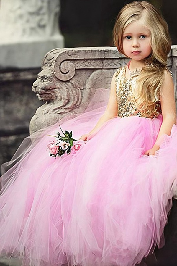 Robe De Fête Pour Enfant En Tulle Rose Et Sequins Dorés ACH111