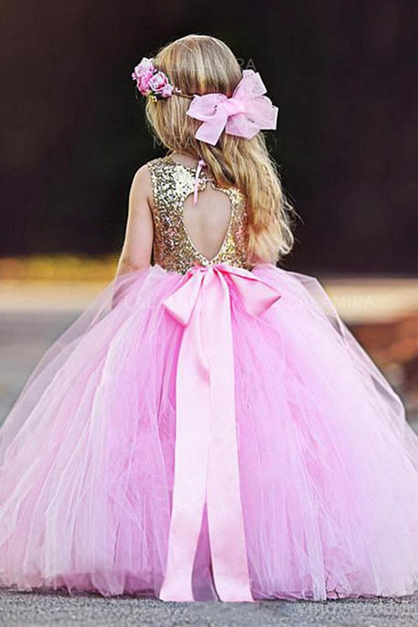 Alternative view of Robe De Fête Pour Enfant En Tulle Rose Et Sequins Dorés ACH111