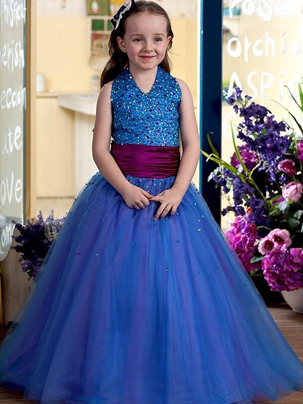 Robe De Concours Pour Enfant Bleu Roi Avec Perles Et Encolure Dos Nu BCH011