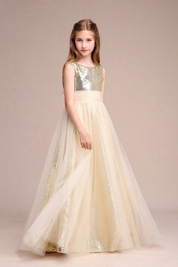 Robe De Fête D'anniversaire Pour Fille En Tulle à Sequins Couleur Champagne BCH035