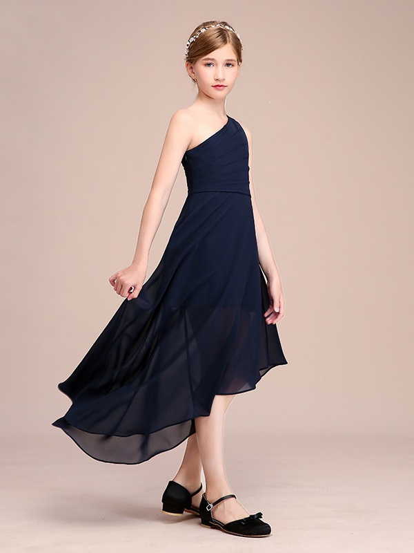 Robe De Fête Asymétrique En Mousseline Bleu Marine Pour Enfant BCH044