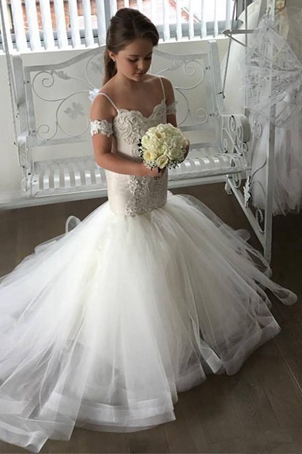 Robe De Mariée Sirène à Fleurs Pour Fille, Avec Bretelles, Assortie FGD454