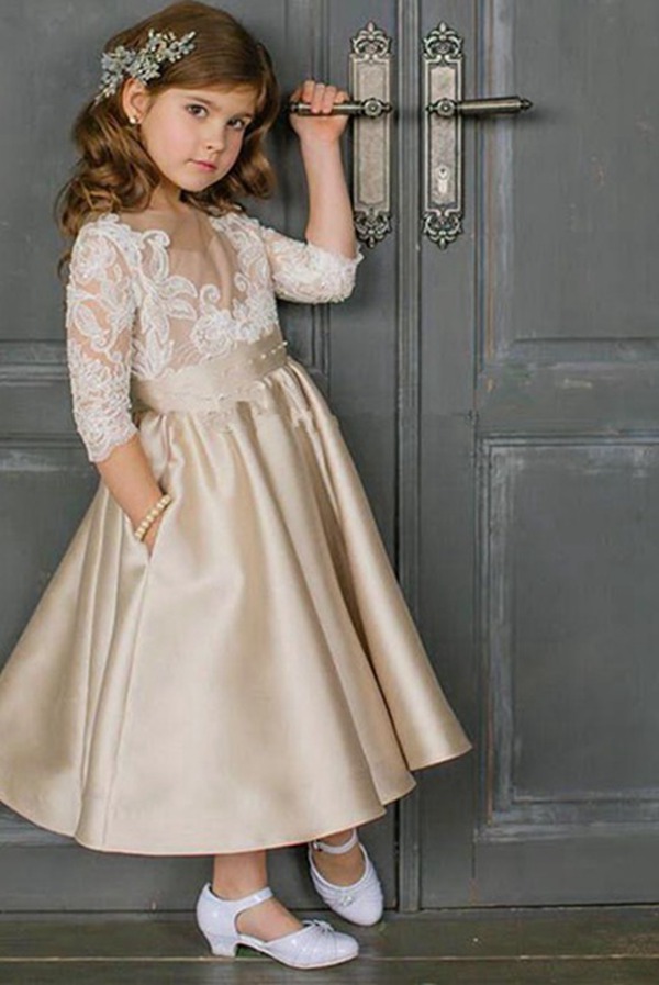 Robe De Soirée Pour Filles, Longueur Thé, Manches Mi-Longues, Champagne FGD467