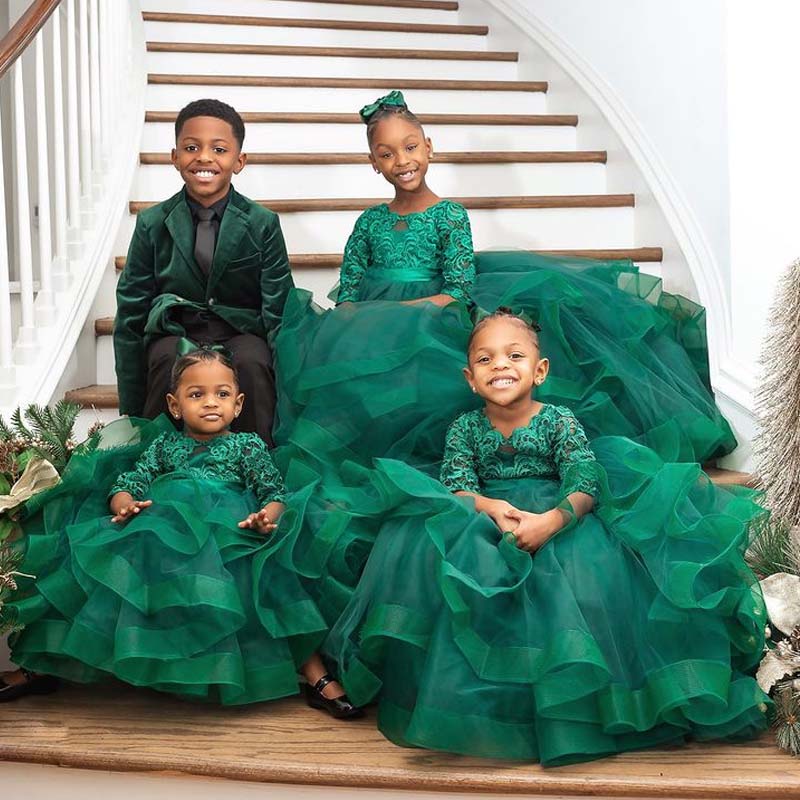 Robe De Bal Assortie Maman-Fille Vert Foncé à Manches Mi-Longues FGD470 – Image 4