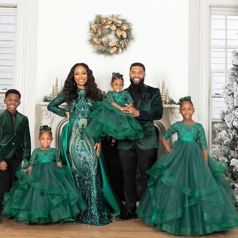 Robe De Bal Assortie Maman-Fille Vert Foncé à Manches Mi-Longues FGD470 – Image 5