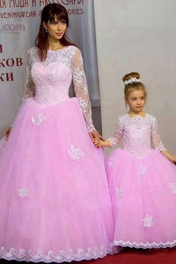 Robe De Cérémonie Assortie Mère-Fille En Dentelle Rose à Manches Longues MGD001