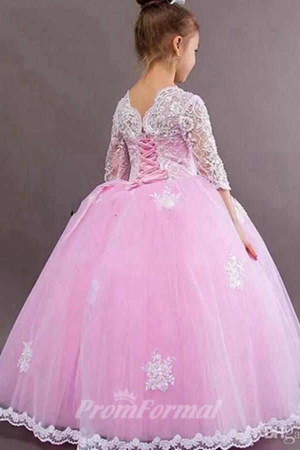 Alternative view of Robe De Cérémonie Assortie Mère-Fille En Dentelle Rose à Manches Longues MGD001