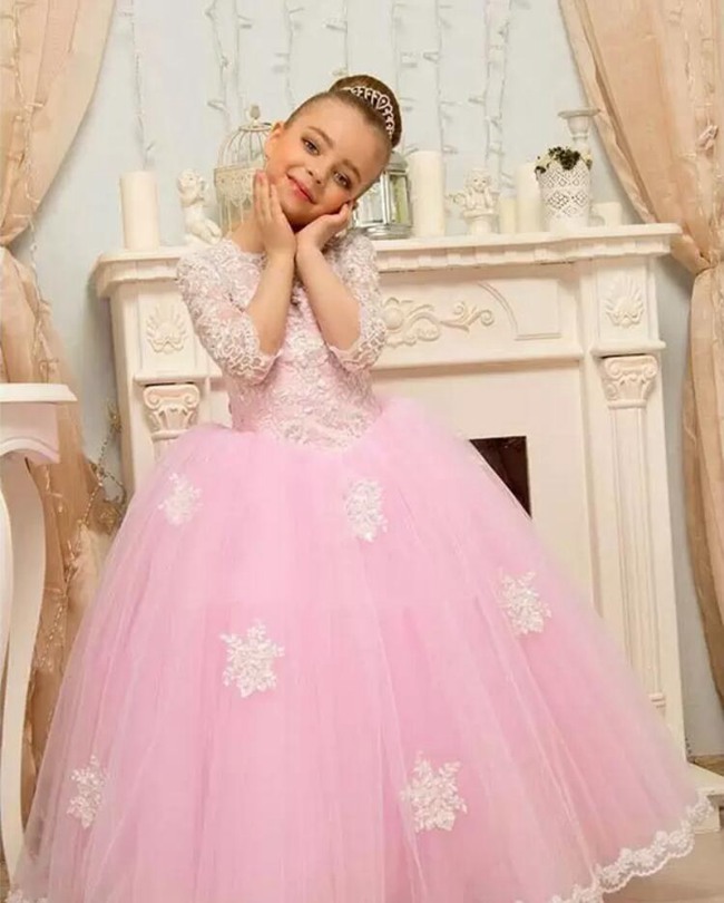 Robe De Cérémonie Assortie Mère-Fille En Dentelle Rose à Manches Longues MGD001 – Image 4