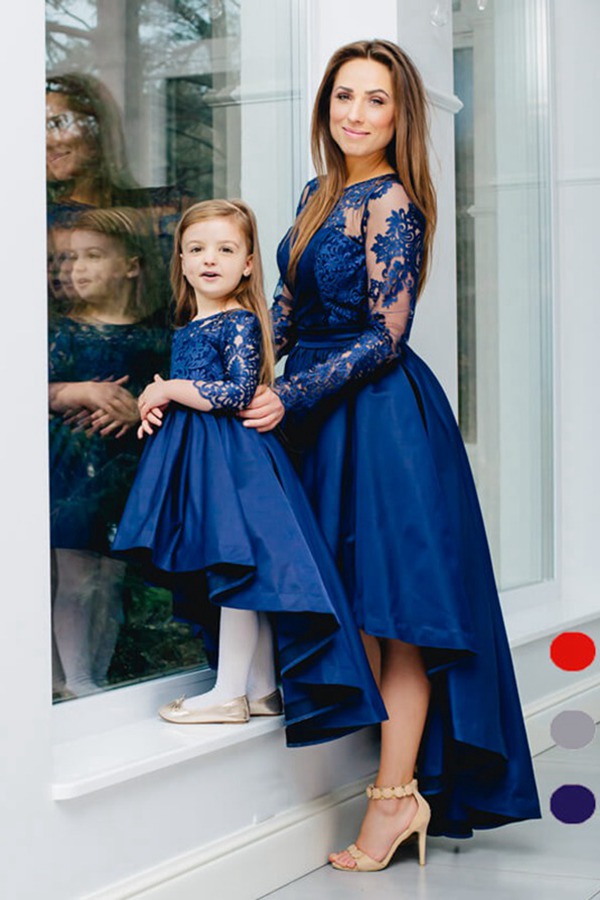 Robes De Soirée Assorties Mère-Fille Bleu Roi, Coupe Asymétrique (Courte Devant, Longue Derrière) MGD014