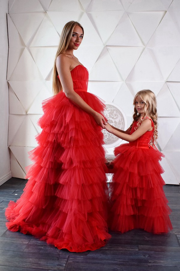 Robes De Soirée Assorties En Tulle Rouge à Volants Pour Mère Et Fille MGD016