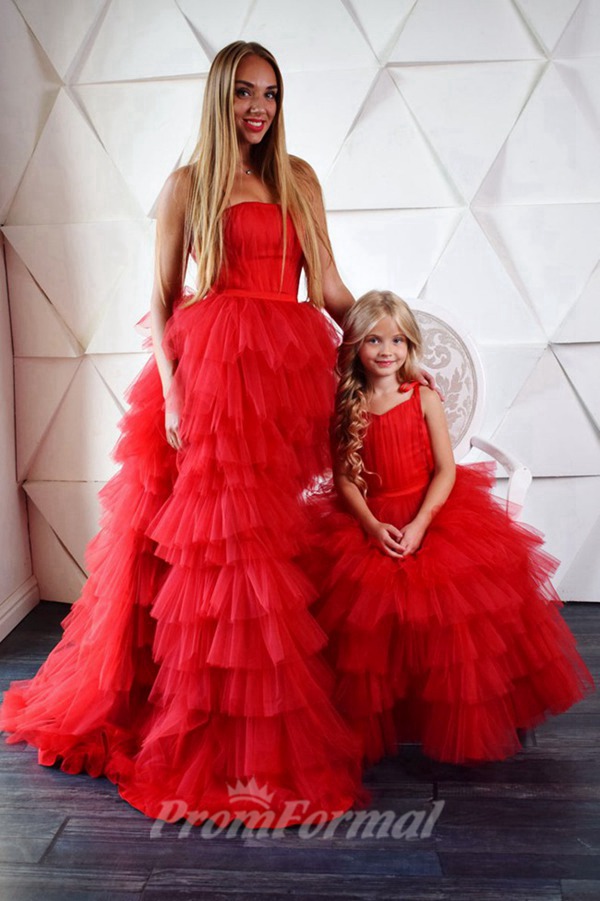 Alternative view of Robes De Soirée Assorties En Tulle Rouge à Volants Pour Mère Et Fille MGD016