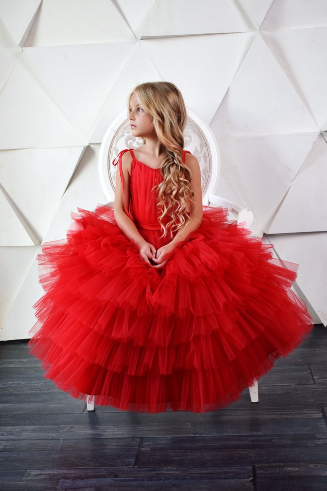 Robes De Soirée Assorties En Tulle Rouge à Volants Pour Mère Et Fille MGD016 – Image 4