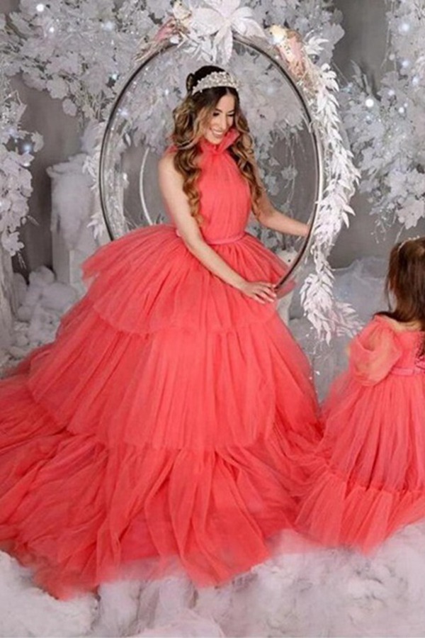 Robes De Soirée Assorties Mère-Fille En Tulle Volanté, Couleur Pastèque MGD018