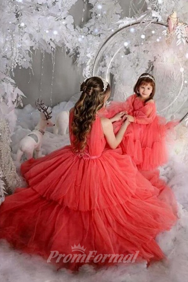 Alternative view of Robes De Soirée Assorties Mère-Fille En Tulle Volanté, Couleur Pastèque MGD018