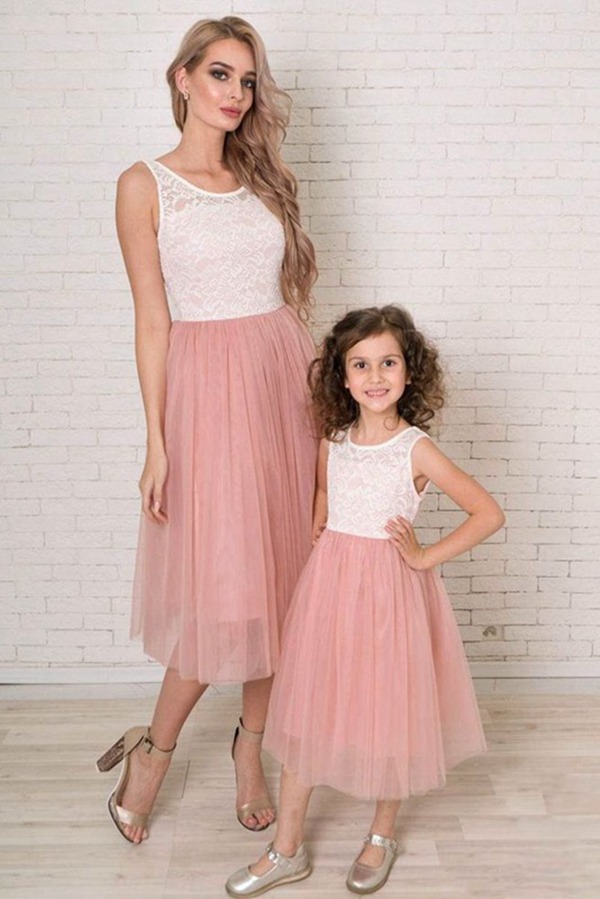Robe De Cérémonie Assortie Pour Mère Et Fille, Blanche Et Rose, Longueur Mi-Mollet MGD022