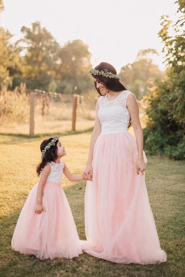 Robe De Cérémonie Assortie Pour Mère Et Fille (Blanc Et Rose) MGD024