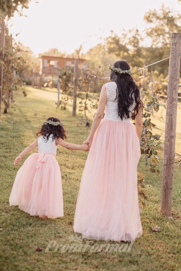Robe De Cérémonie Assortie Pour Mère Et Fille (Blanc Et Rose) MGD024 – Image 3