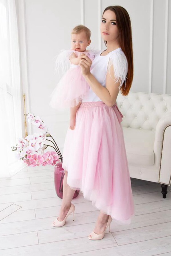 Rose Haute-Basse Robe De Soirée Correspondante Mère-Bébé MGD026