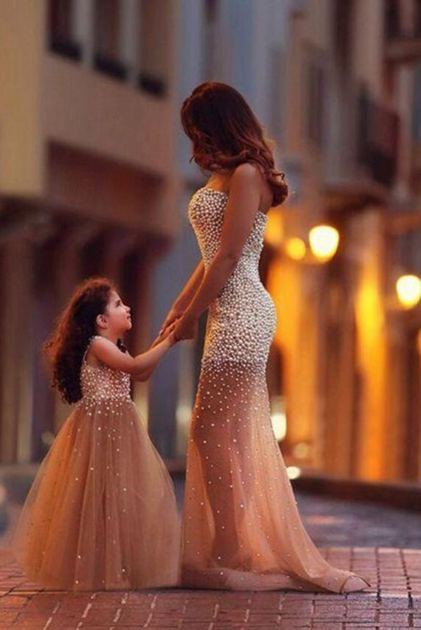 Champagne Sirène Perles Mère Fille Robe De Soirée Correspondante MGD101