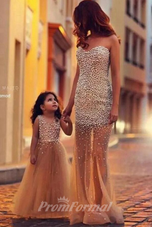Champagne Sirène Perles Mère Fille Robe De Soirée Correspondante MGD101 – Image 3