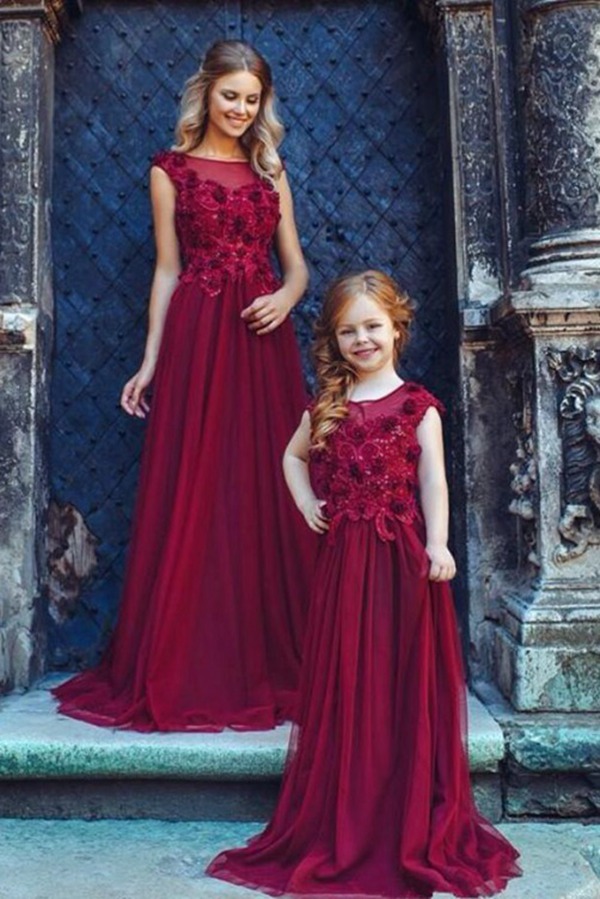 Bourgogne Chiffon Mère Fille Robe De Soirée Correspondante MGD105