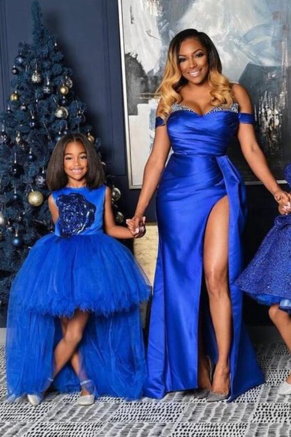 Royal Bleu Haute-Basse Robe De Soirée Correspondante Mère-Fille MGD112