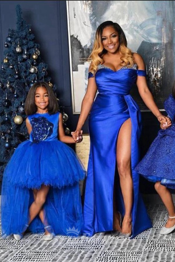 Royal Bleu Haute-Basse Robe De Soirée Correspondante Mère-Fille MGD112 – Image 3