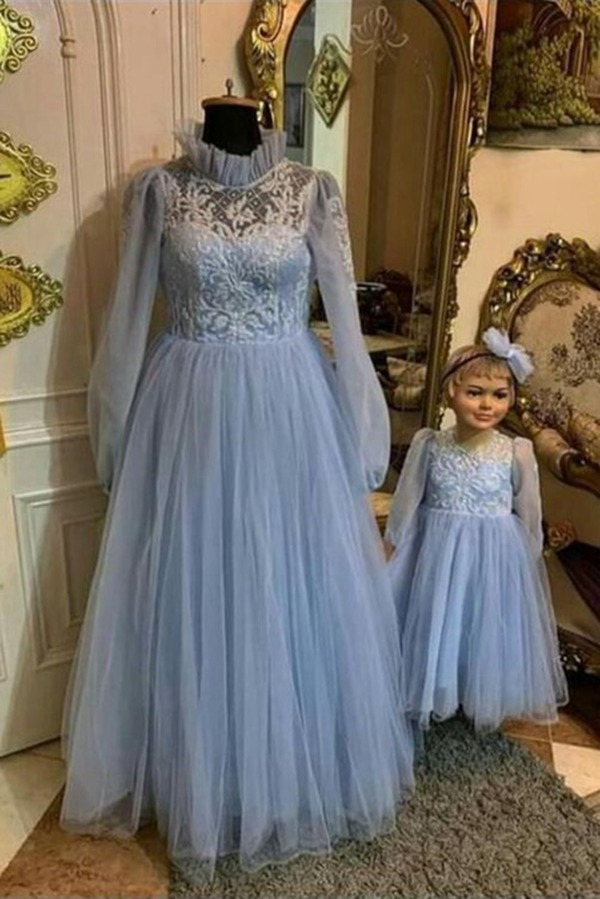 Bleu Manches Longues Robe De Soirée Correspondante Mère-Fille MGD128