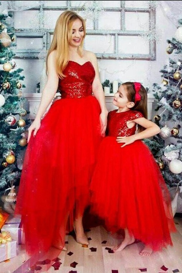 Robe Rouge Assortie Pour Mère Et Fille En Tulle Et Sequins, Coupe Asymétrique MGD147