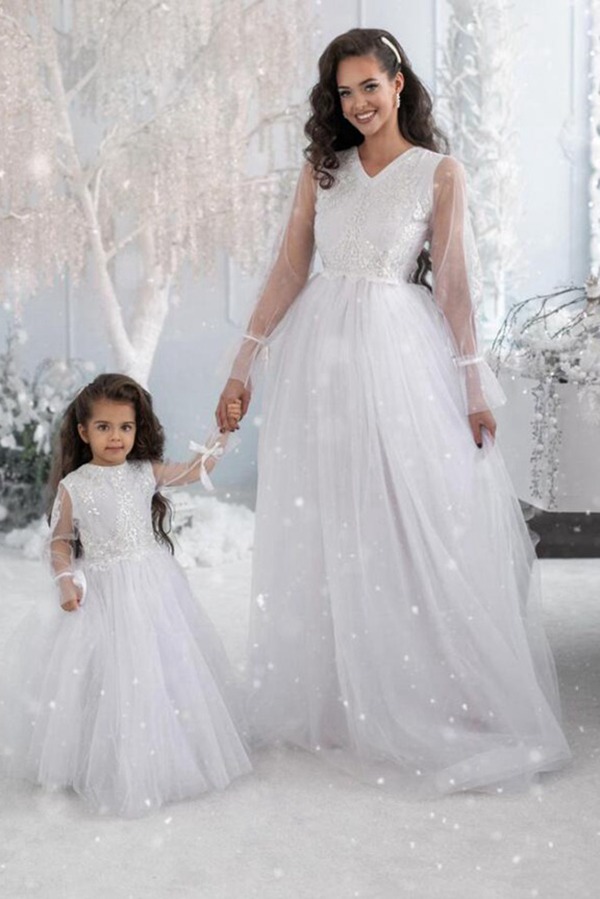 Robe De Bal Blanche à Manches Longues Et Sequins, Assortie Pour Mère Et Fille MGD185