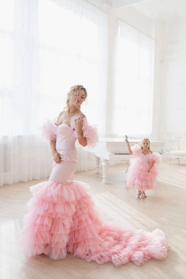 Ravissante Robe De Bal Rose Coupe Trompette, Assortie Pour La Mère Et La Fille MGD192