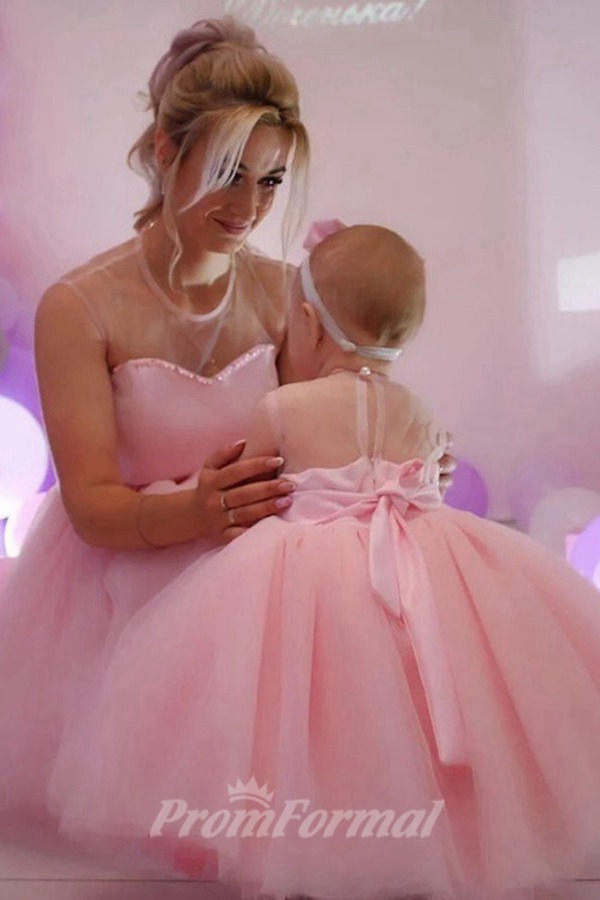 Robe De Fête Assortie En Tulle Rose Pour Mère Et Fille MGD197 – Image 3