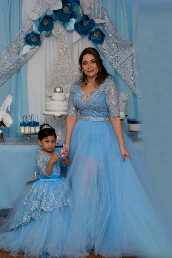 Robe De Bal Assortie Mère-Fille Bleu Océan à Manches Mi-Longues MGD199