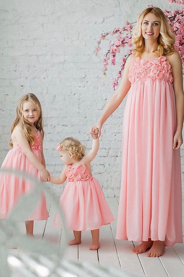 Robe De Cérémonie Assortie En Mousseline Rose Pour Mère Et Fille MGD207