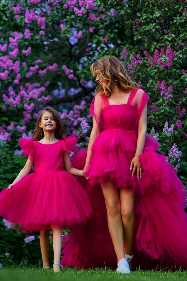 Robe De Cérémonie Assortie Fuchsia (Coupe Asymétrique) Pour Mère Et Fille MGD208