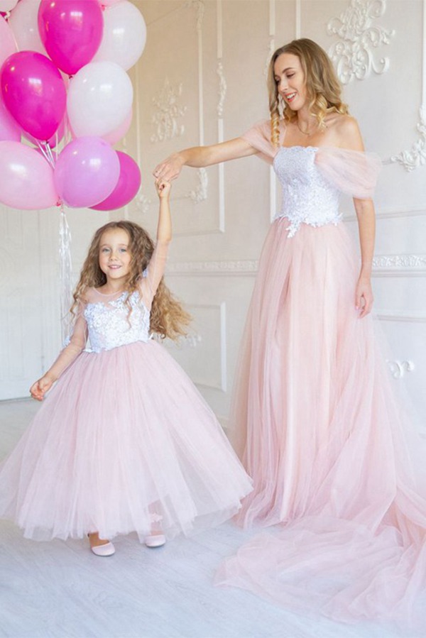 Robe De Cérémonie Assortie Rose Pour Mère Et Fille MGD209