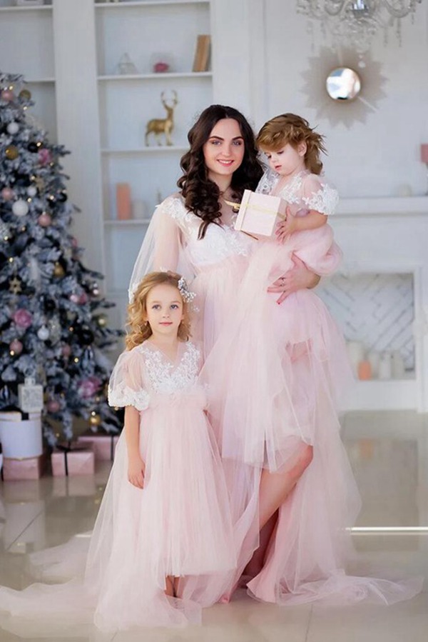 Robe De Cérémonie Rose à Manches Longues Assortie Pour Mère Et Enfant MGD211