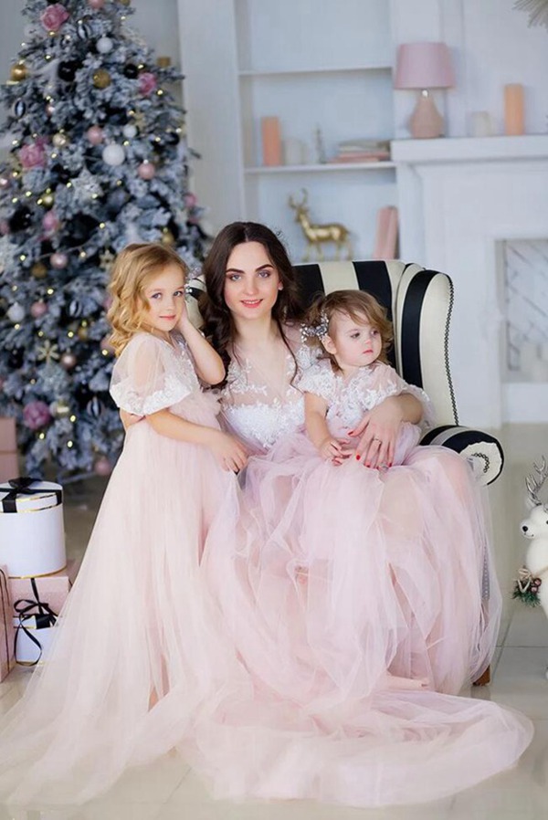 Robe De Cérémonie Rose à Manches Longues Assortie Pour Mère Et Enfant MGD211 – Image 3