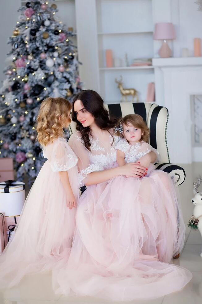 Robe De Cérémonie Rose à Manches Longues Assortie Pour Mère Et Enfant MGD211 – Image 4