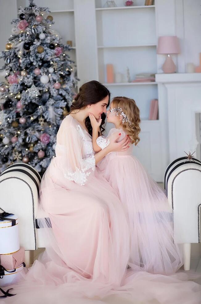 Robe De Cérémonie Rose à Manches Longues Assortie Pour Mère Et Enfant MGD211 – Image 7