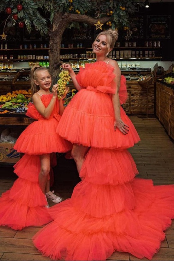 Robes Assorties Mère-Fille En Tulle Couleur Pastèque MGD214