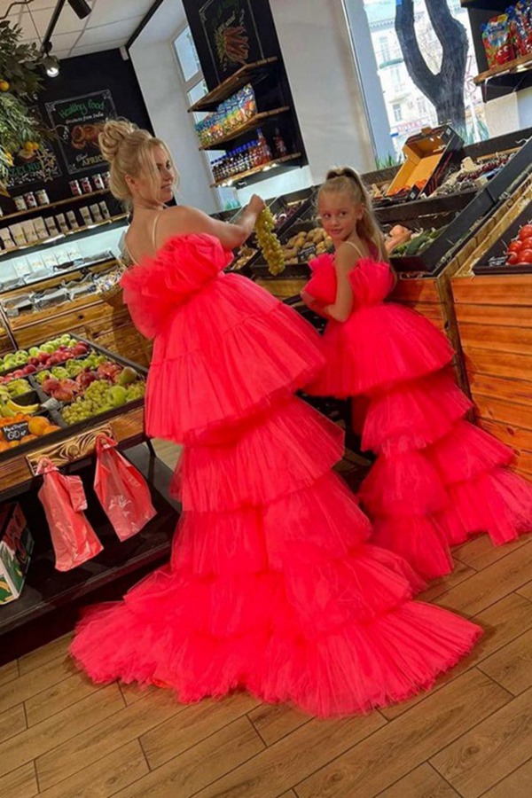 Alternative view of Robes Assorties Mère-Fille En Tulle Couleur Pastèque MGD214