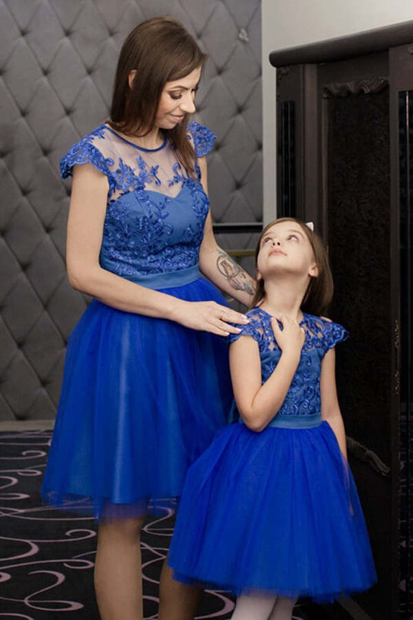 Robe De Fête Courte En Tulle Bleu Roi Pour Mère Et Fille MGD218